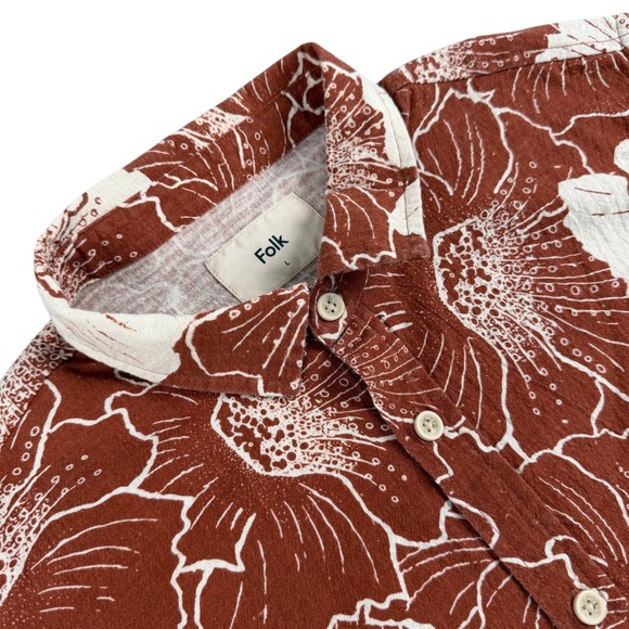 Folk Shirt Mens L Brown White Bold Floral Short Sleeve Button Down Lightweight - Picture 1 of 9